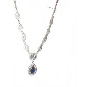 Elegant Silver Necklace with Blue Teardrop Pendant and Clear Crystals